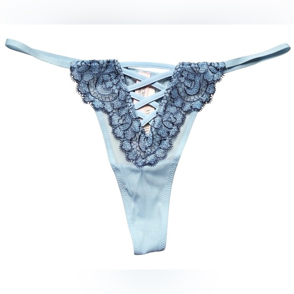 Victoria's Secret Boho Floral Embroidery Thong Panty Blue - Picture 1 of 7